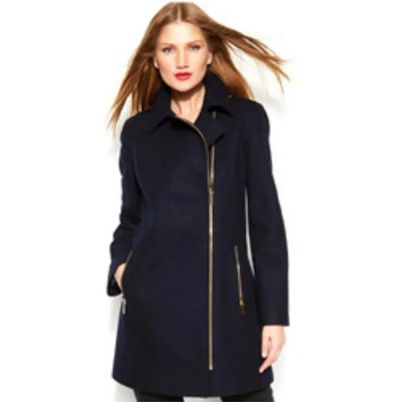 Michael Michael Kors Womens Black Wool Long Sleeve Zip Pockets Trench Coat Sz S - Picture 1 of 12
